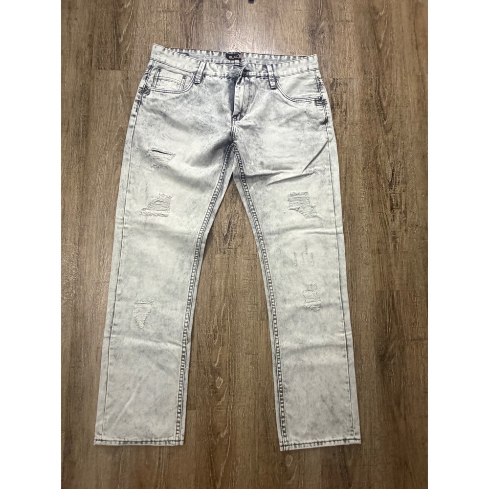 Blac Label Premium Mens Acid Wash Distressed Straight Leg Jeans Light Wash 34x31